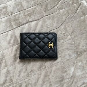 CHANEL Black Quilted Card Wallet with Gold Logo
